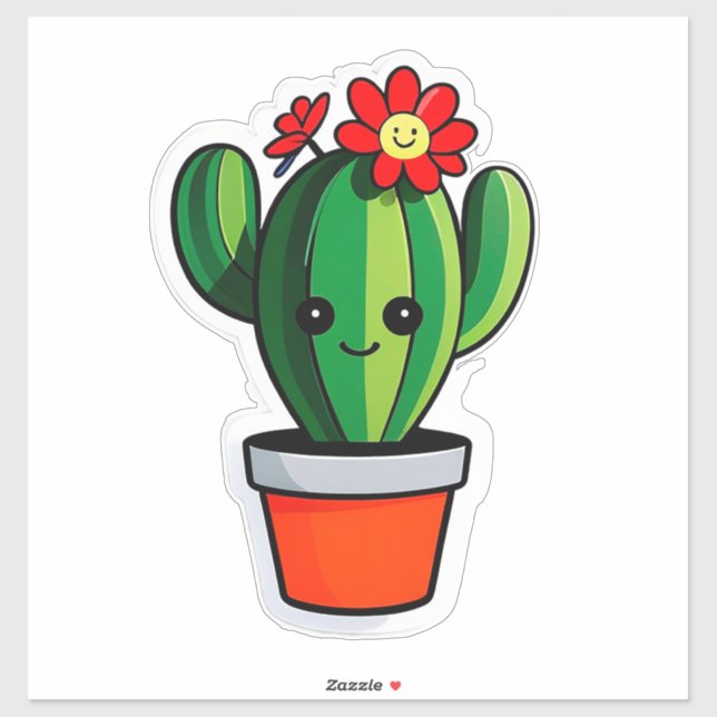 Sticker Joli cactus de dessin animé en pot avec fleur  (Feuille)