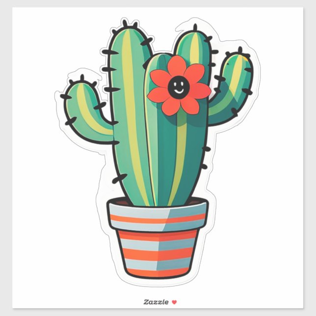 Sticker Joli cactus de dessin animé en pot avec fleur  (Feuille)
