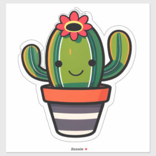Sticker Joli cactus de dessin animé en pot avec fleur 