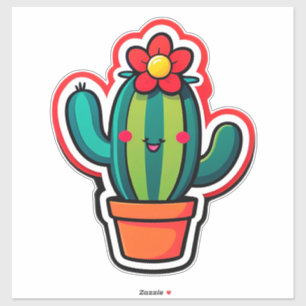 Sticker Joli cactus de dessin animé en pot avec fleur 