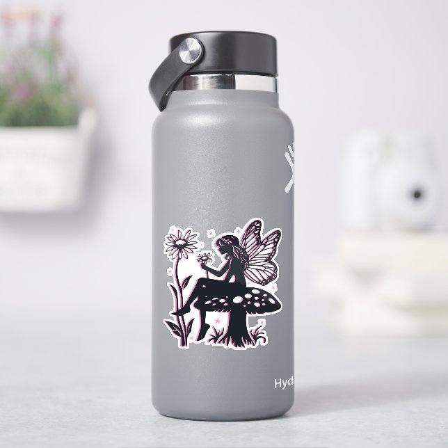 Sticker Joli champignon fée et fleur noir et rose (HydroFlask)