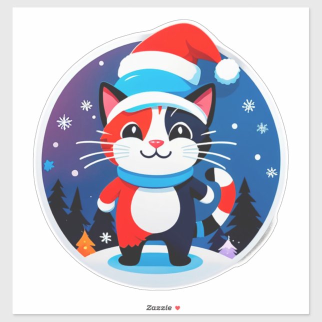 Sticker Joli Chat au Chapeau de Père Noël (Feuille)
