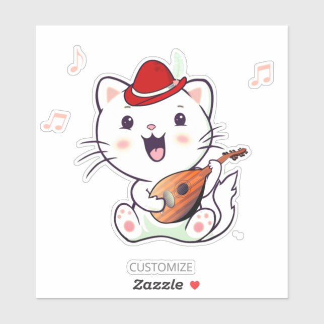 Sticker Joli chat blanc musical avec mandoline (Feuille)