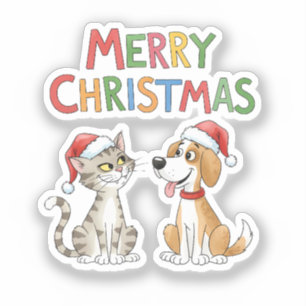 Sticker Joli chat de Noël et chien avec chapeau de Père No