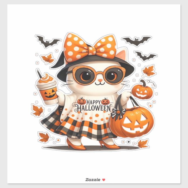 Sticker Joli chat d'Halloween � Kitty sorcière Kawaii avec (Feuille)