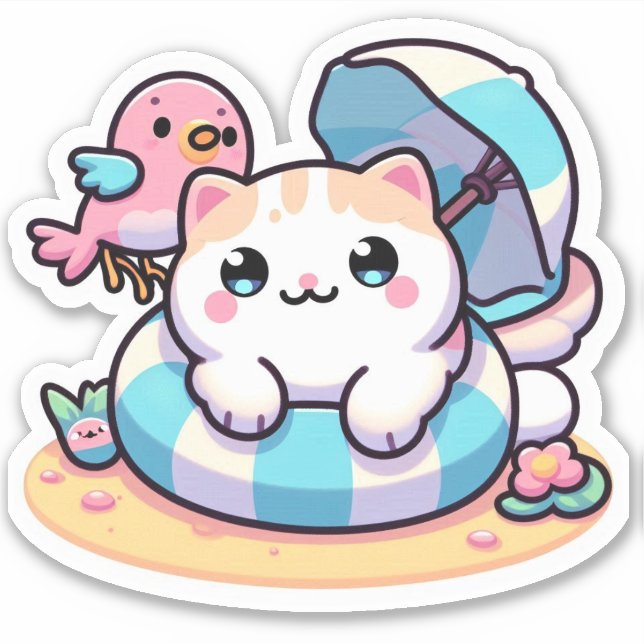 Sticker Joli chat kawaii à la plage (Devant)
