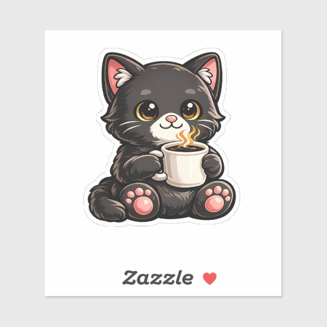 Sticker Joli Chat Noir avec Café (Feuille)