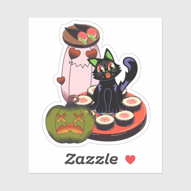 Sticker Joli chat noir d'Halloween assis sur des sushis (Feuille)