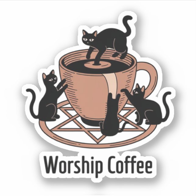 Sticker Joli Chat Noir Et Café, Adorez Les Chatons Au Café (Devant)