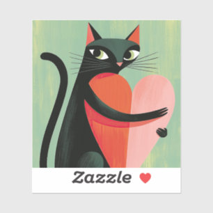 Sticker Joli chat noir étreignant un cœur sur fond vert sa