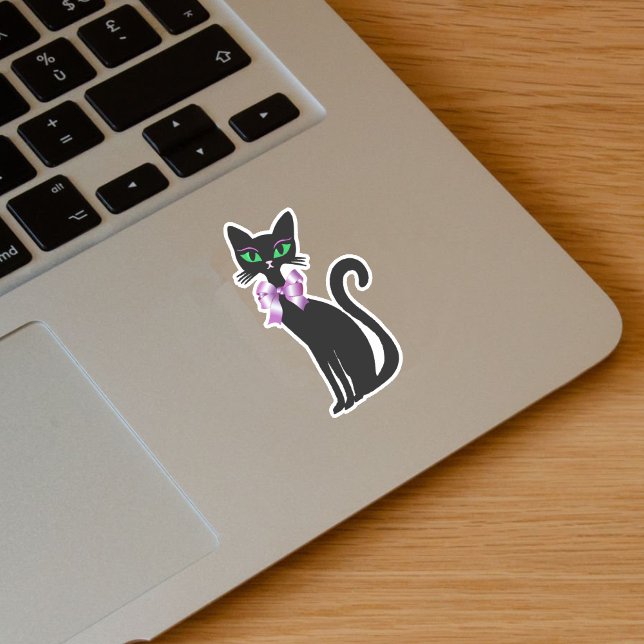 Sticker Joli Chat noir mince Yeux vert Bow rose (Pretty slender black cat green eyes wearing pink bow on vinyl sticker.)