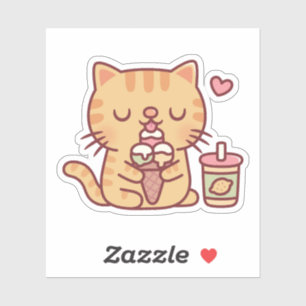 Sticker Joli Chat Tigre Aimant Manger Glace