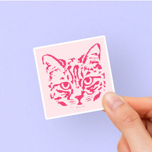 Sticker Joli chat tigré carré rose et rouge