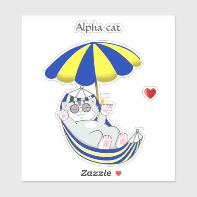 Sticker Joli Chaton en Hamac Bleu et Jaune & Texte (Feuille)