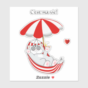 Sticker Joli Chaton en Rouge & Blanc dans un Hamac & Texte