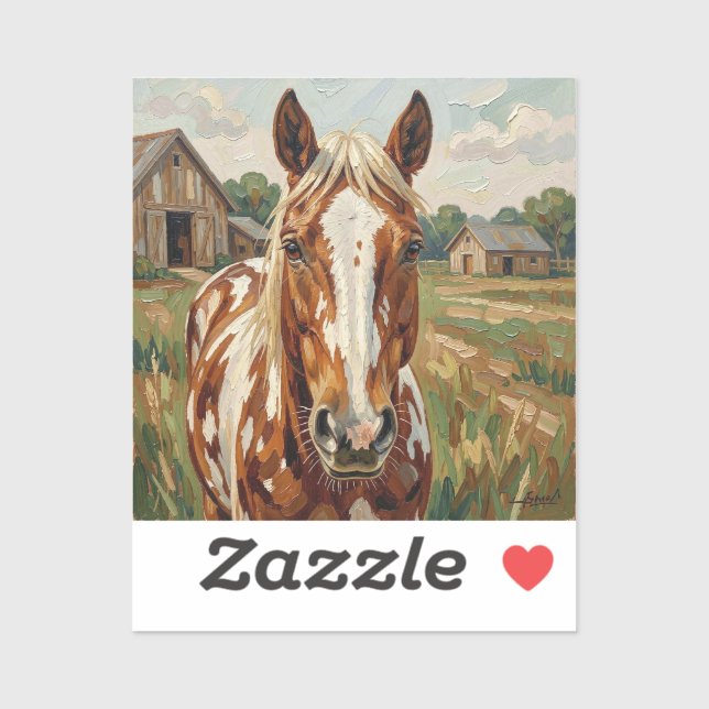 Sticker Joli cheval brun et blanc dans une ferme rustique (Feuille)