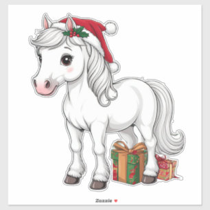 Sticker Joli cheval de Noël avec chapeau de Père Noël