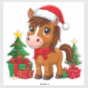 Sticker Joli cheval de Noël avec chapeau de Père Noël