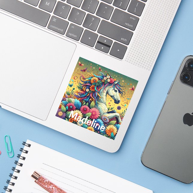 Sticker Joli Cheval Whimsical en Fleurs Colorées (Ordinateur portable avec iPhone)