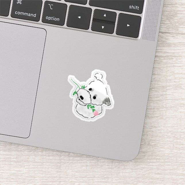 Sticker Joli Chien Blanc Tenant une Fleur Rose (Détail)