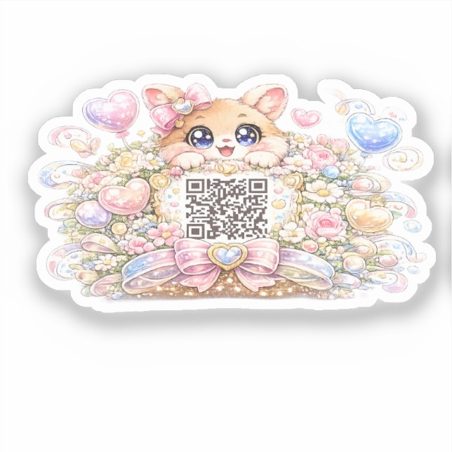 Sticker Joli code QR personnalisé chat pastel rose floral  (Recto)