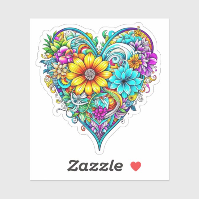 Sticker Joli cœur floral sarcelle violet | Saint-Valentin (Feuille)