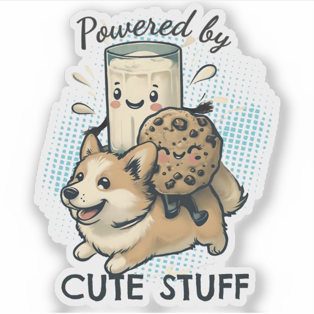 Sticker Joli corgi heureux chiot lait et biscuits (Devant)