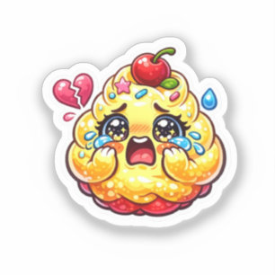 Sticker Joli Cupcake Kawaii Triste qui Pleure avec un Cœur