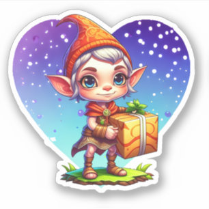 Sticker Joli elfe de Noël tenant un cadeau