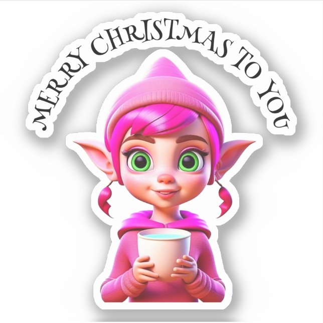 Sticker Joli Elfe Rose avec Café ou Coco Noël (Devant)