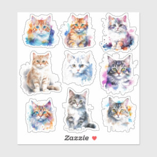Sticker Joli Ensemble D'Expressions De Chat 9 Aquarelles