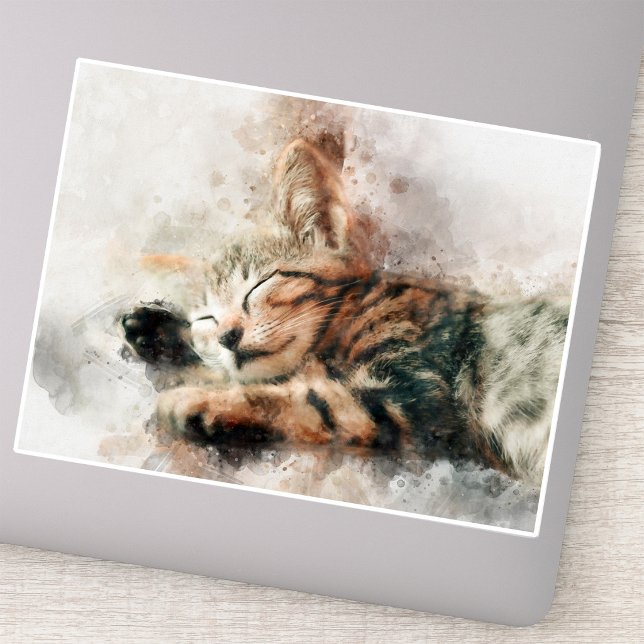 Sticker Joli et mignon chaton dormant à l'aquarelle (Beautiful and cute kitten sleeping watercolor. sticker)
