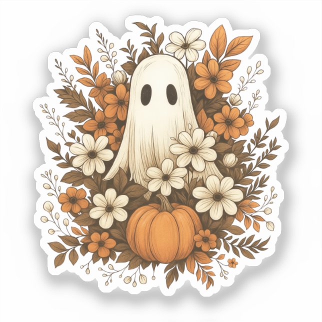 Sticker Joli Fantôme avec Citrouille et Fleurs d'Automne – (Recto)