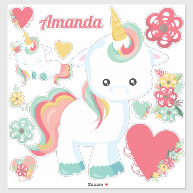 Sticker Joli Licorne Féminin Cœurs Floral (Feuille)