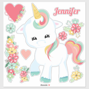 Sticker Joli Licorne Fleurs Cœurs Féminin