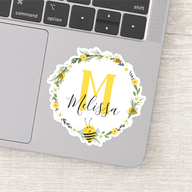 Sticker Joli Monogramme Jaune Aquarelle Abeilles Wreath (Détail)