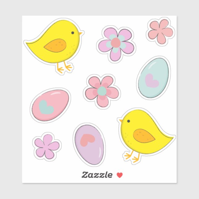 Sticker Joli Oeufs de Pâques Poussins Fleurs Pastel Set Pr (Feuille)