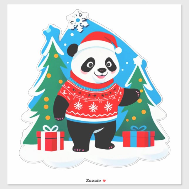 Sticker Joli panda avec un chapeau de Père Noël et un pull (Feuille)