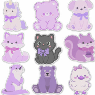 Sticker Joli paquet d'amis d'animaux pastel violet Kawaii
