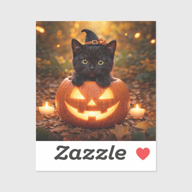 Sticker Joli petit chaton noir Halloween citrouille (Feuille)