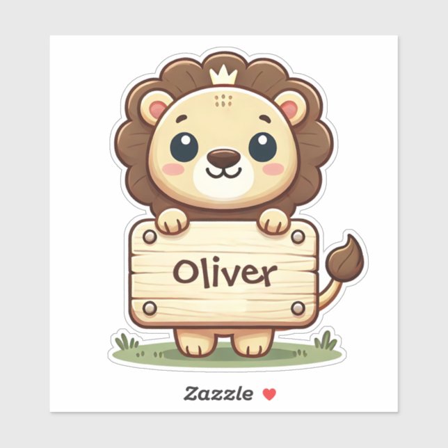 Sticker Joli Petit Lion avec un Panneau de Nom (Feuille)