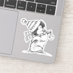 Sticker Joli pingouin de Noël rétro avec chapeau et écharp
