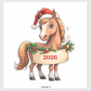 Sticker Joli Poney de Dessin Animé Avec Bannière de Fête