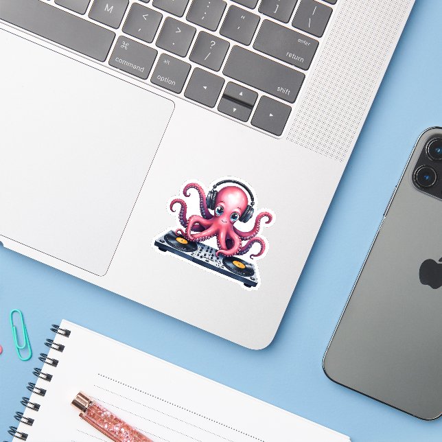 Sticker Joli poulpe DJ , Conception d'ordinateur portable  (Ordinateur portable avec iPhone)