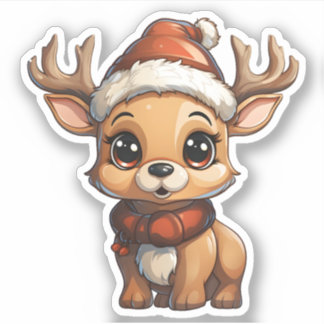 Sticker Joli Renne De Noël Porté Chapeau Et Écharpe Du Pèr
