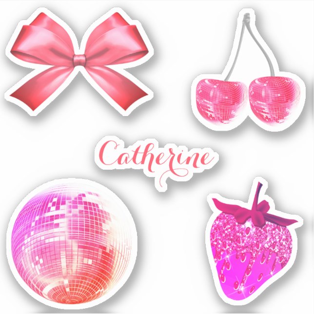 Sticker Joli ruban rose esthétique avec nom de cerise (Devant)