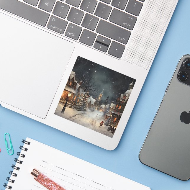 Sticker Joli village de Noël la nuit de Noël. (Ordinateur portable avec iPhone)