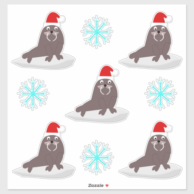 Sticker Joli Walrus de Noël et Snowflakes (Feuille)