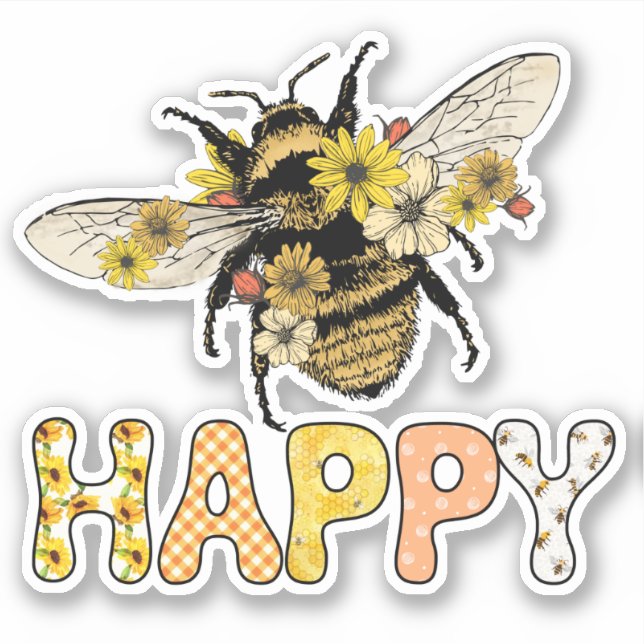 Sticker Jolie abeille heureuse abeille à miel fleurs (Devant)