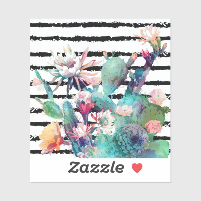 Sticker Jolie aquarelle Cactus Floral Black Stripes (Feuille)